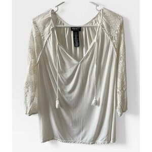 Wrangler Retro Cream Lace Sleeve Peasant Top V-Neck Tassel Tie Blouse Large